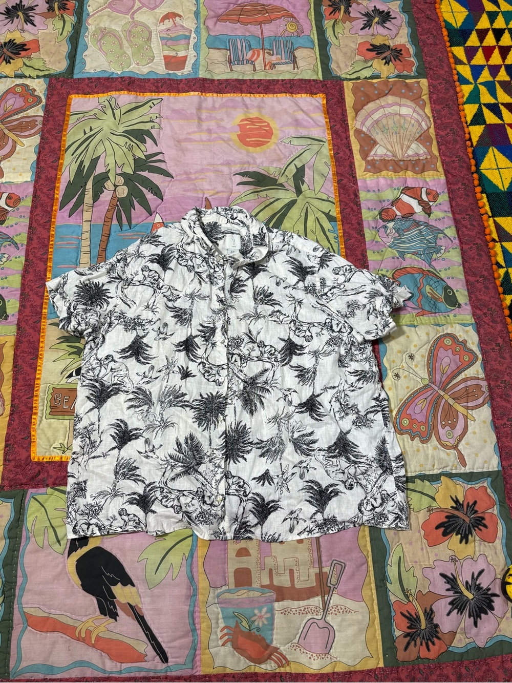 Joie Women Top Ivory Button Down Palms Jungle Linen Collar Summer Casual SzXL